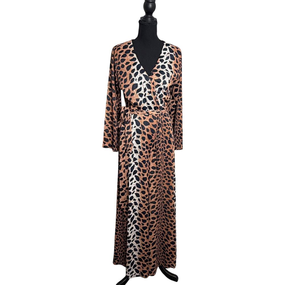 Vintage 70s Leopard Jumpsuit Wrap Palazzo Bell Bottom Animal Print Disco Sz L
